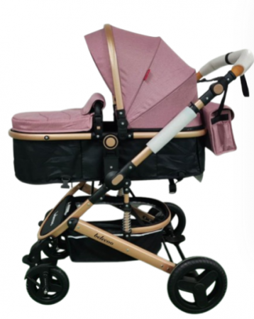 Carucior 2 in 1, Belecoo, cu maner protectie din piele ,landou reversibil, geanta pentru accesorii, multifunctional, bicolor, Roz pudra si negru [1]