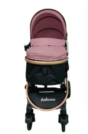 Carucior 2 in 1, Belecoo, cu maner protectie din piele ,landou reversibil, geanta pentru accesorii, multifunctional, bicolor, Roz pudra si negru [3]