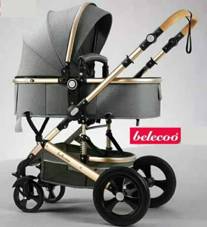 Carucior 2 in 1 - Carucior 2 in 1, Belecoo, cu maner protectie din piele, landou reversibil, geanta pentru accesorii, multifunctional, gri