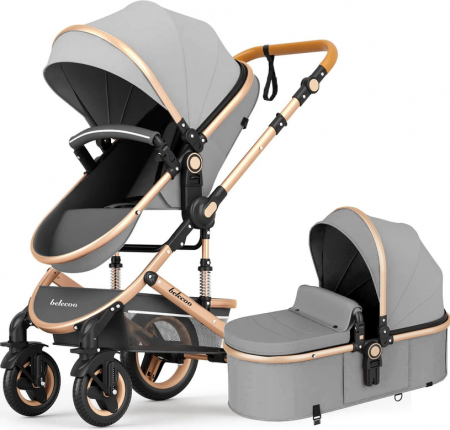 Carucior 2 in 1 - Carucior 2 in 1, Belecoo, cu maner protectie din piele, landou reversibil, geanta pentru accesorii, multifunctional, gri cenusiu