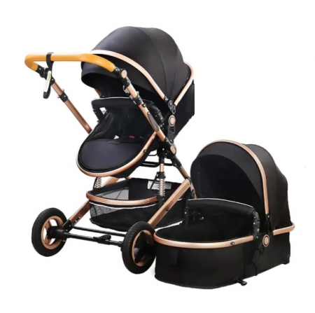 Carucior 2 in 1 - Carucior 2 in 1, Belecoo, cu maner protectie din piele, landou reversibil, geanta pentru accesorii, multifunctional, negru ebony