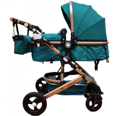 Carucior 2 in 1, Belecoo, cu maner protectie din piele, landou reversibil, geanta pentru accesorii, multifunctional, turquoise [8]