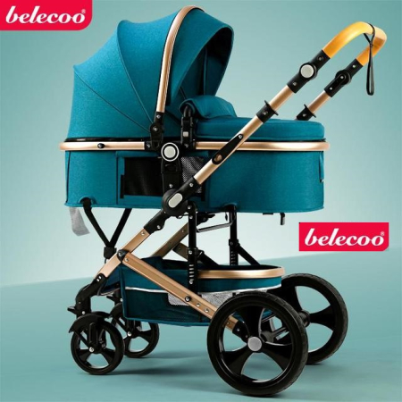 Carucior 2 in 1 - Carucior 2 in 1, Belecoo, cu maner protectie din piele, landou reversibil, geanta pentru accesorii, multifunctional, turquoise