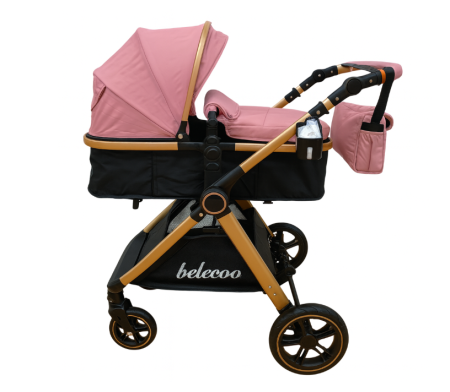 Pentru bebe - Carucior 2 in 1, Cu landou Reversibil, copertina extensibila, Element dublu de sustinere, geanta pentru scutece, Belecoo, Roz cu negru