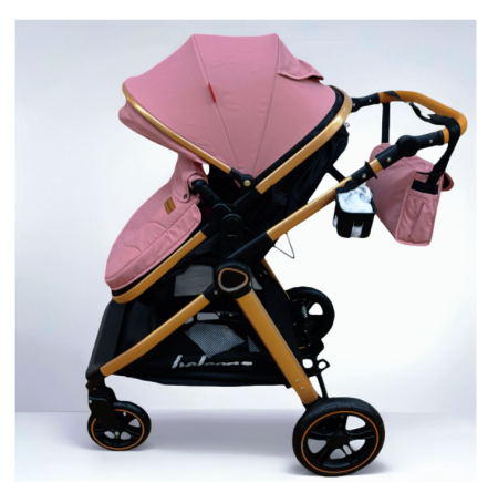 Carucior 2 in 1, Cu landou Reversibil, copertina extensibila, Element dublu de sustinere, geanta pentru scutece, Belecoo, Roz cu negru [2]