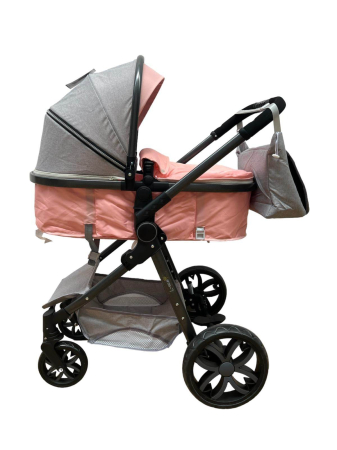 Carucior 2 in 1, Cu landou Reversibil, copertina extensibila, geanta pentru scutece, strangere compacta, plasa de insecte si saltea bambus, roz [4]