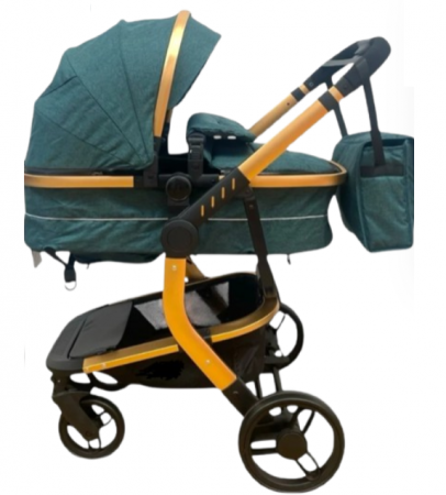 Carucior 2 in 1 - Carucior 2 in 1, Cu landou Reversibil, Material anti-UV si rezistent la umiditate, Roata antieroziune, Cadru metalic ranforsat, Geanta pentru scutece, verde