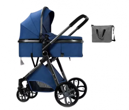 Carucior 2 in 1 - Carucior, 2 in 1, Cu landou Reversibil, Roata antieroziune, Dubla Suspensie pe roata, Geanta pentru scutece, albastru