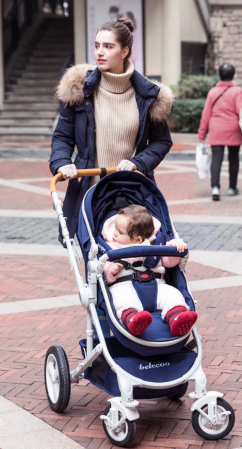 Carucior, 2 in 1, Cu landou Reversibil, Silver frame, Dubla Suspensie pe roata si pe cadru, Geanta pentru scutece, Argintiu/Albastru [3]