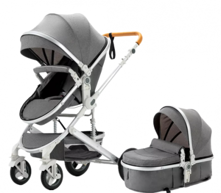 Carucior 2 in 1 - Carucior, 2 in 1, Cu landou Reversibil, Silver frame, Dubla Suspensie pe roata si pe cadru, Geanta pentru scutece, Argintiu/Gri