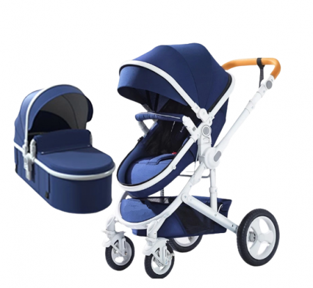 Carucior 2 in 1 - Carucior, 2 in 1, Cu landou Reversibil, Silver frame, Dubla Suspensie pe roata si pe cadru, Geanta pentru scutece, Argintiu/Albastru