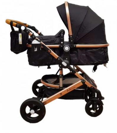 Carucior, 2 in 1, Cu landou Reversibil,Material anti-UV, Roata antieroziune, Suport Accesorii, Dubla Suspensie pe roata si pe cadru, Geanta pentru scutece, Bej/Negru [1]