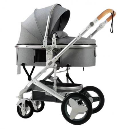 Carucior 2 in 1 - Carucior, 2 in 1, Cu landou Reversibil, Material anti-UV, Roata antieroziune, Suport Accesorii, Dubla Suspensie pe roata si pe cadru, Geanta pentru scutece, Bej Platina