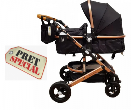 Carucior 2 in 1 - Carucior, 2 in 1, Cu landou Reversibil,Material anti-UV, Roata antieroziune, Suport Accesorii, Dubla Suspensie pe roata si pe cadru, Geanta pentru scutece, Bej/Negru