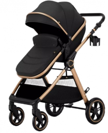 Carucior 2 in 1, Cu landou Reversibil, Material anti-UV, Roata antieroziune, Suport Accesorii, Dubla Suspensie pe roata si pe cadru, Geanta pentru scutece Negru havana [1]