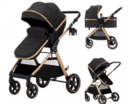 Carucior 2 in 1 - Carucior 2 in 1, Cu landou Reversibil, Material anti-UV, Roata antieroziune, Suport Accesorii, Dubla Suspensie pe roata si pe cadru, Geanta pentru scutece Negru havana