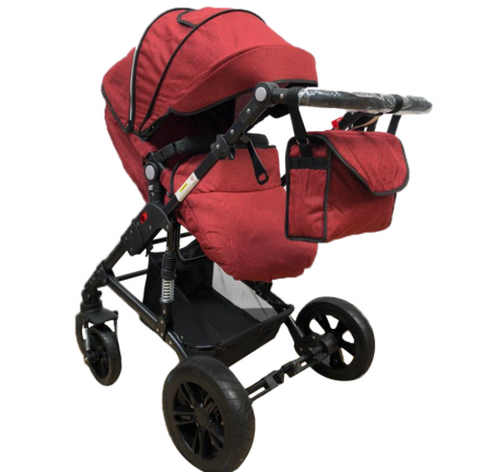 Carucior 2 in 1 - Carucior, 2 in 1, Cu landou Reversibil, Material anti-UV, Roata antieroziune, Suport Accesorii, Dubla Suspensie pe roata si pe cadru,Geanta pentru scutece, Rosu Bordeaux