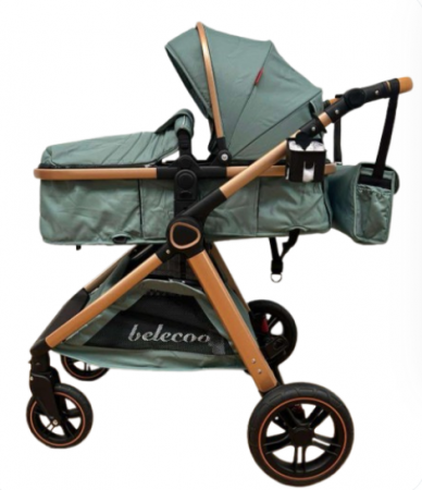 Carucior 2 in 1, Suspensie dubla pe roata, Geanta inclusa, strangere compacta, Belecoo, Verde army [1]