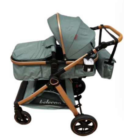 Carucior 2 in 1, Suspensie dubla pe roata, Geanta inclusa, strangere compacta, Belecoo, Verde army [2]