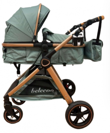 Carucior 2 in 1 - Carucior 2 in 1, Suspensie dubla pe roata, Geanta inclusa, strangere compacta, Belecoo, Verde army