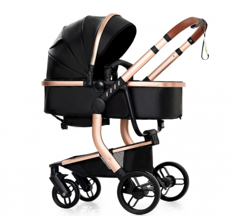 Carucior 2 in 1 - Carucior 2 in 1, Cu landou Reversibil, Material anti-UV si rezistent la umiditate, Roata antieroziune, Cadru metalic ranforsat, Geanta pentru scutece, negru