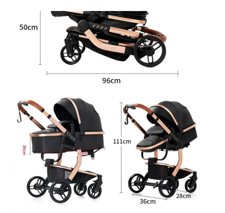 Carucior 2 in 1, Cu landou Reversibil, Material anti-UV si rezistent la umiditate, Roata antieroziune, Cadru metalic ranforsat, Geanta pentru scutece, negru [10]