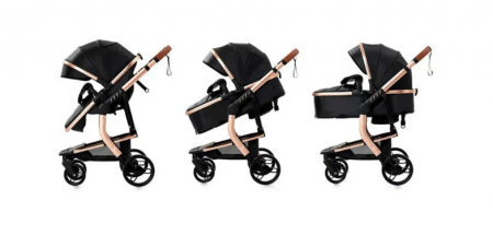 Carucior 2 in 1, Cu landou Reversibil, Material anti-UV si rezistent la umiditate, Roata antieroziune, Cadru metalic ranforsat, Geanta pentru scutece, negru [3]