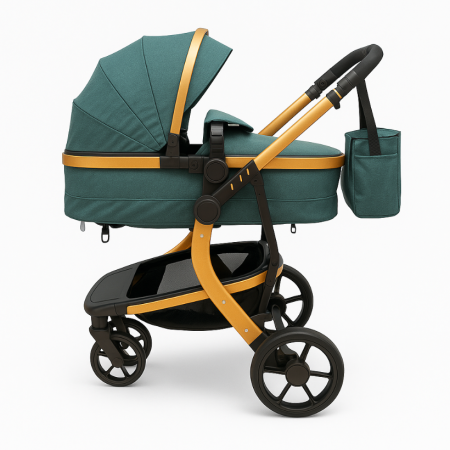 Carucior 2 in 1, Cu landou Reversibil, Material anti-UV si rezistent la umiditate, Roata antieroziune, Cadru metalic ranforsat, Geanta pentru scutece, verde [4]