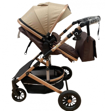 Carucior 2 in 1, cu suspensii, Bej cu maro, transformabil in carucior sport [3]