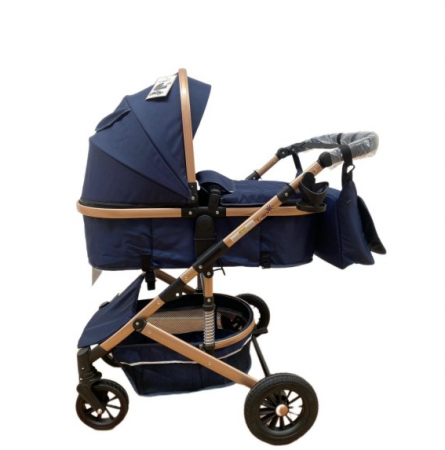 Carucior 2 in 1, Dubla suspensie pe roata si cadru, Geanta inclusa, Plasa de tantari inclusa, Roata cauciuc, Albastru Cosmic [1]