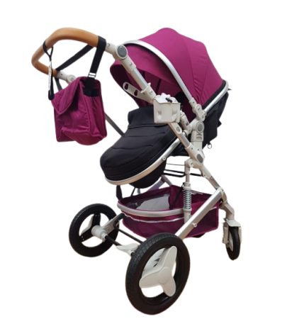 Carucior 2 in 1, Dubla suspensie pe roata si cadru , Geanta inclusa, Plasa de tantari inclusa, Roata cauciuc, Gonflabila, mov argintiu [2]