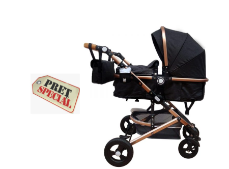 Carucior 2 in 1 - Carucior 2 in 1 landou transformabil, 0-36 luni, negru,cu suspensii,Geanta de scutece