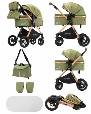 Carucior 2 in 1, Teknum, Modul sport transformabil din landou, Plasa de insecte, saltea si geanta de scutece, Manusi de protectie, Verde [3]