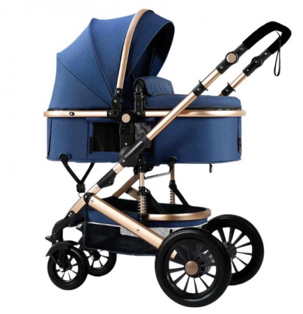 Carucior 2 in 1 - Carucior 2 in 1, Dubla suspensie pe roata si cadru, Geanta inclusa, Plasa de tantari inclusa, Roata cauciuc, Albastru Cosmic