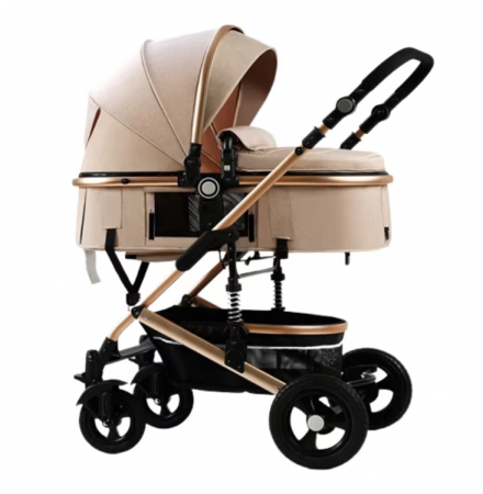 Carucior 2 in 1 - Carucior 2 in 1, Dubla suspensie pe roata si cadru, Geanta inclusa, Viziera de vara, inclusa, Roata cauciuc, Gonflabila, Bej Platina