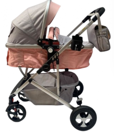 Carucior 2 in 1,Modul sport transformabil din landou,Plasa de insecte si geanta de scutece,Dubla suspensie pe roata,Gri/Roz [2]