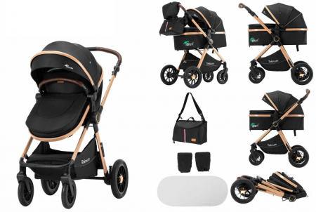 Carucior 2 in 1 - Carucior 2 in 1, Teknum, Modul sport transformabil din landou, Plasa de insecte, saltea si geanta de scutece, Manusi de protectie, Negru