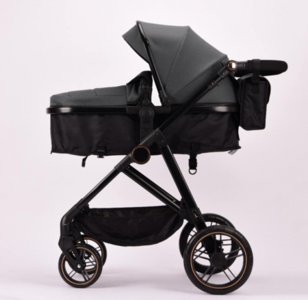 Carucior 2 in 1, Landou reversibil, 0-36 luni, roti off-road, Geanta pentru scutece, Pliere ultracompacta, Negru cu gri [2]