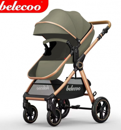 Carucior 2 in 1, Suspensie dubla pe roata, Geanta inclusa, strangere compacta, Belecoo, kaki [1]