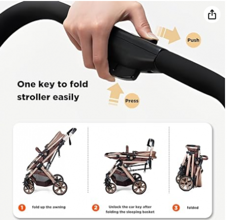 Carucior 2 in 1, Suspensie dubla pe roata, Geanta inclusa, strangere compacta, Bubu-Still, bej [8]