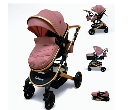 Pentru bebe - Carucior 2 in 1, Suspensie dubla pe roata, Geanta inclusa, strangere compacta, Bubu-Still, Roz pudra cu negru