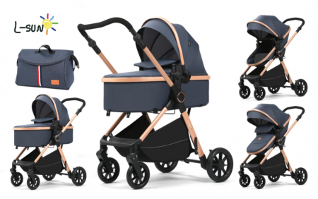 Carucior 2 in 1 - Carucior 2 in 1, Suspensie dubla pe roata, Geanta inclusa, strangere compacta, Maner reversibil, Albastru