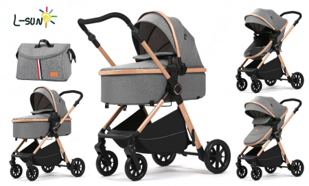 Carucior 2 in 1 - Carucior 2 in 1, Suspensie dubla pe roata, Geanta inclusa, strangere compacta, Maner reversibil,  Gri