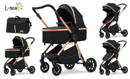 Carucior 2 in 1 - Carucior 2 in 1, Suspensie dubla pe roata, Geanta inclusa, strangere compacta, Maner reversibil, Negru