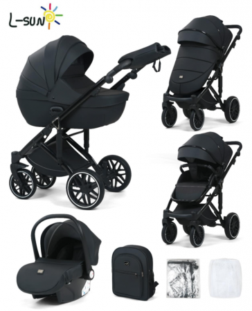 Carucior 3 in 1, 0-36 luni, Colectia Fizio-Lux G8, Piese distincte, Cu Suspensii, Landou reversibil, Husa de ploaie si insecte, Geanta de scutece, Manusi de protectie, Eco-piele, Negru antracit [6]