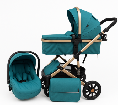 Carucior 3 in 1 - Carucior 3 in 1 Bubu-Still Sun, din aluminiu, landou reversibil si cos auto material dublu, geanta inclusa, albastru turcoise