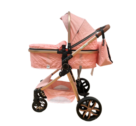 Carucior 3 in 1 Bubu-Still Sun, din aluminiu, maner reversibil si cos auto material dublu, geanta inclusa, roz auriu [3]