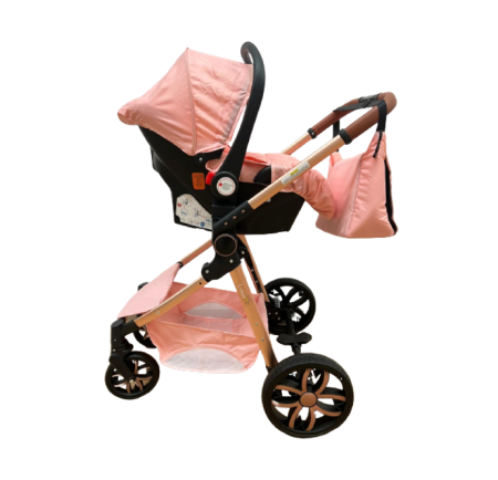Carucior 3 in 1 Bubu-Still Sun, din aluminiu, maner reversibil si cos auto material dublu, geanta inclusa, roz auriu [2]