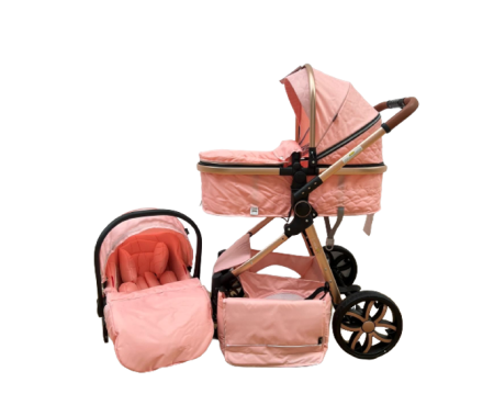 Carucior 3 in 1 - Carucior 3 in 1 Bubu-Still Sun, din aluminiu, maner reversibil si cos auto material dublu, geanta inclusa, roz auriu