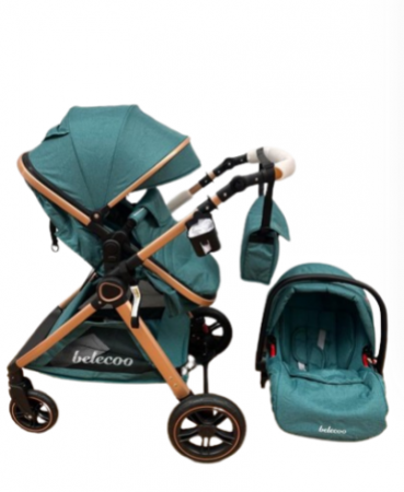 Carucior 3 in 1, Cu landou Reversibil, copertina extensibila, geanta pentru scutece, Belecoo, Cu scoica auto [11]